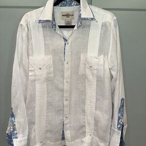Peninsula Portofolio Men's Linen White Modern Guayabera Long Sleeve Shirt 40
